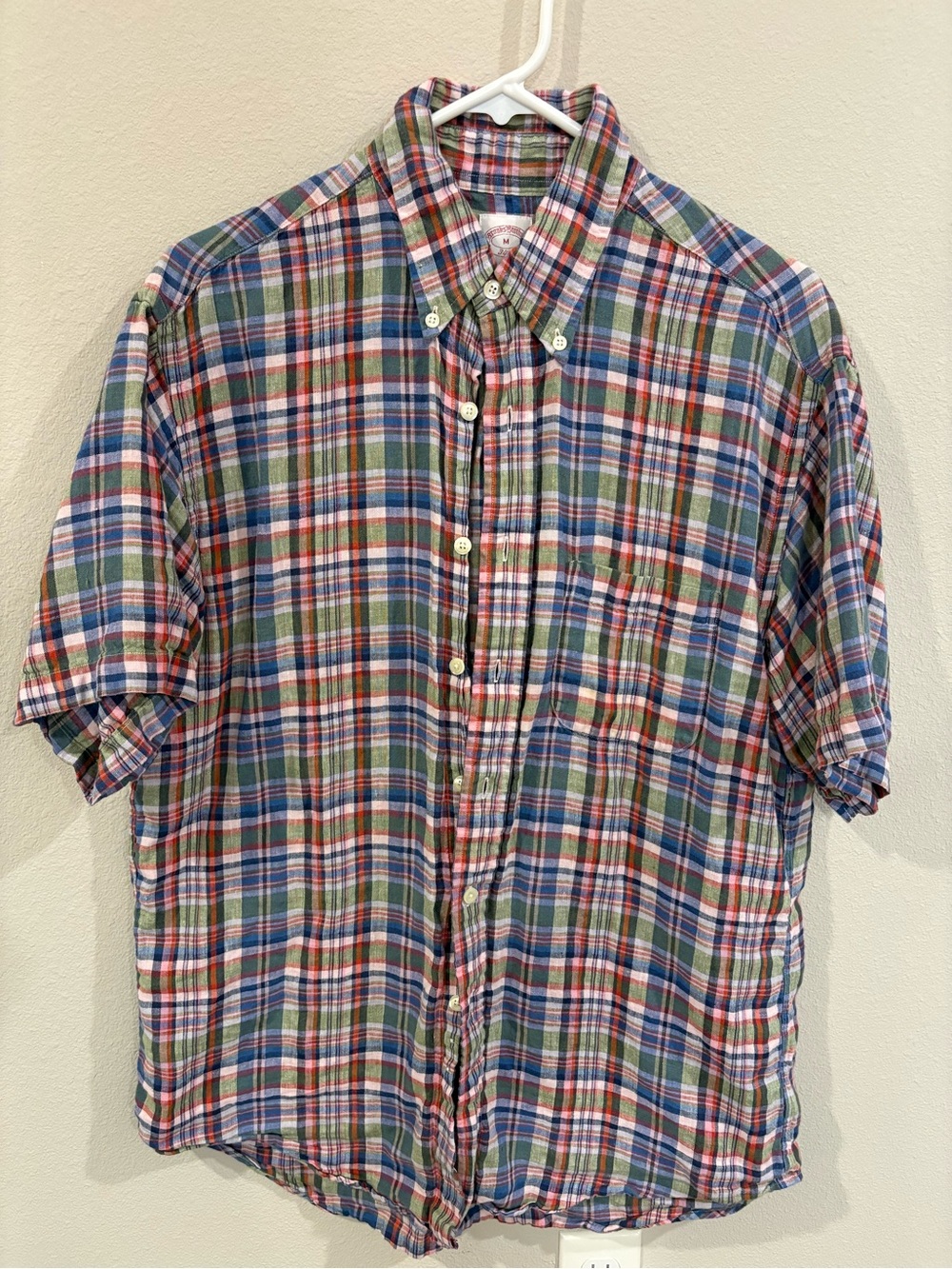 Brooks Brothers Men's 100% linen Short-Sleeve Plaid Button-Down Shirt
